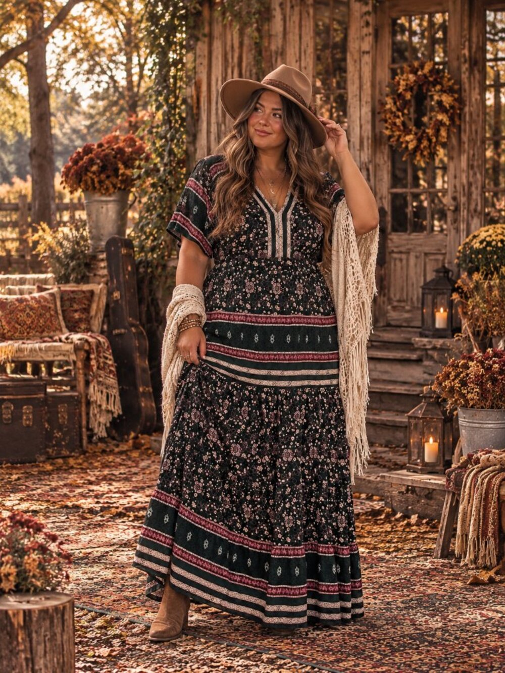 Knox Rose Green Floral Boho Maxi Dress